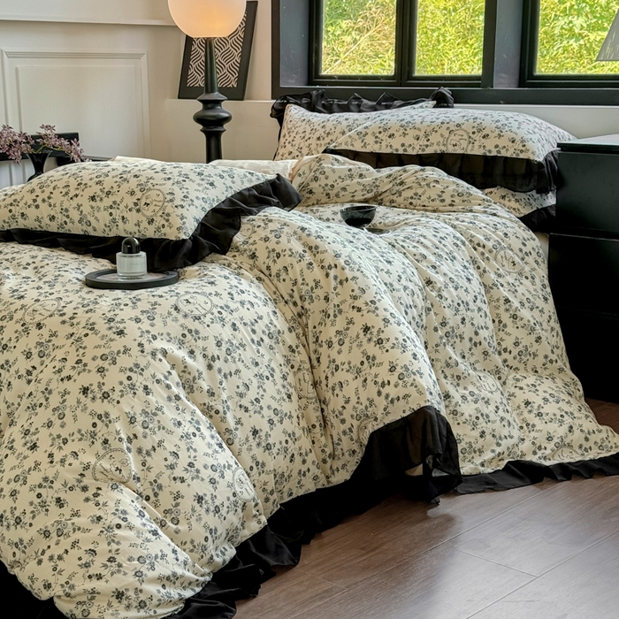 宅家居 2025新款A类轻法式复古赫本风全棉纯棉有氧双层纱花边四件套黑色韩式花边三件套 花园蜜兔