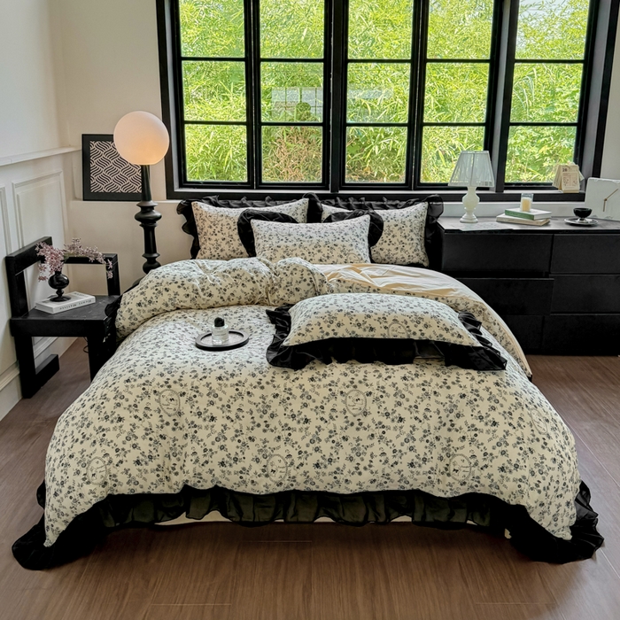 91家纺网 家纺一手货源 找家纺 宅家居 2025新款A类轻法式复古赫本风全棉纯棉有氧双层纱花边四件套黑色韩式花边三件套 花园蜜兔