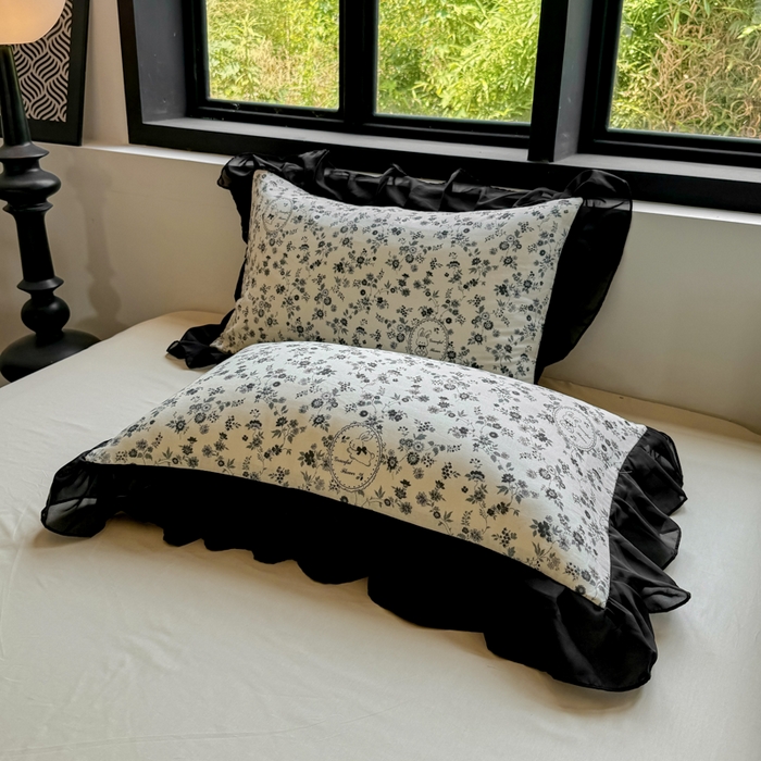 91家纺网 家纺一手货源 找家纺 宅家居 2025新款A类轻法式复古赫本风全棉纯棉有氧双层纱花边四件套黑色韩式花边三件套 花园蜜兔