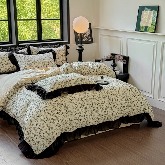 91家纺网 家纺一手货源 找家纺 宅家居 2025新款A类轻法式复古赫本风全棉纯棉有氧双层纱花边四件套黑色韩式花边三件套 花园蜜兔