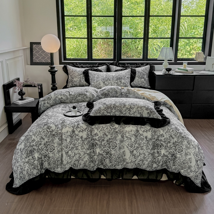 91家纺网 家纺一手货源 找家纺 宅家居 2025新款A类轻法式复古赫本风全棉纯棉有氧双层纱花边四件套黑色韩式花边三件套 莫奈