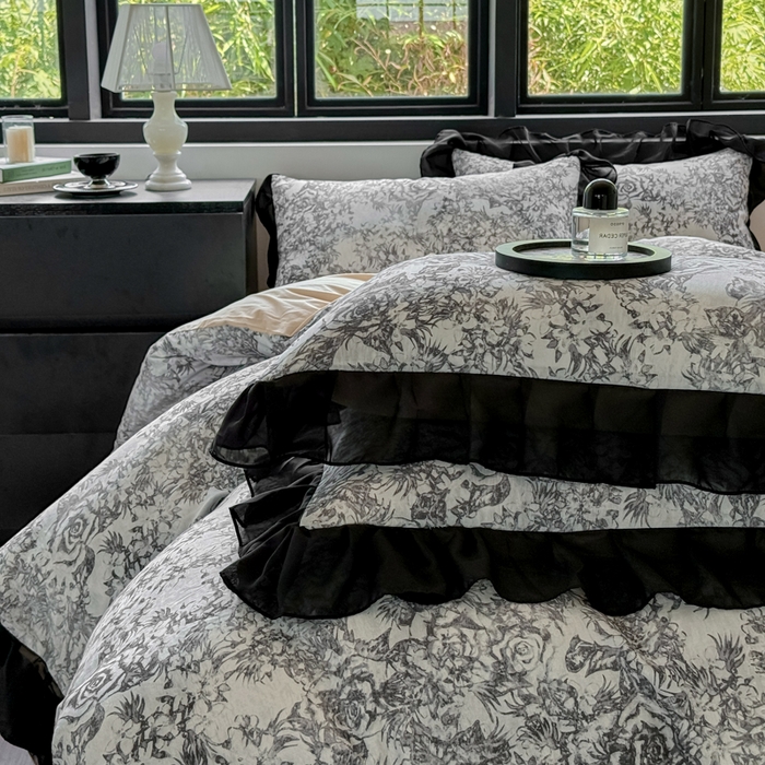 91家纺网 家纺一手货源 找家纺 宅家居 2025新款A类轻法式复古赫本风全棉纯棉有氧双层纱花边四件套黑色韩式花边三件套 莫奈