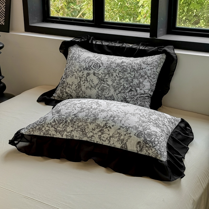 91家纺网 家纺一手货源 找家纺 宅家居 2025新款A类轻法式复古赫本风全棉纯棉有氧双层纱花边四件套黑色韩式花边三件套 莫奈