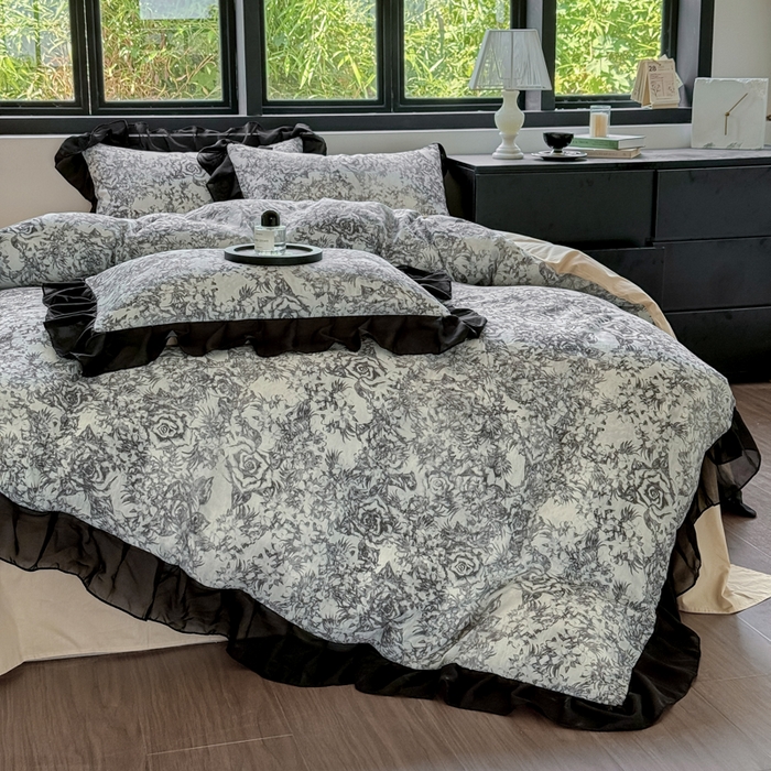 91家纺网 家纺一手货源 找家纺 宅家居 2025新款A类轻法式复古赫本风全棉纯棉有氧双层纱花边四件套黑色韩式花边三件套 莫奈