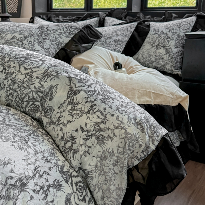 91家纺网 家纺一手货源 找家纺 宅家居 2025新款A类轻法式复古赫本风全棉纯棉有氧双层纱花边四件套黑色韩式花边三件套 莫奈