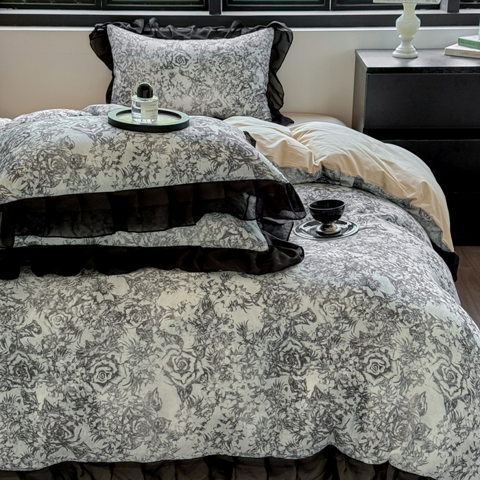 91家纺网 家纺一手货源 找家纺 宅家居 2025新款A类轻法式复古赫本风全棉纯棉有氧双层纱花边四件套黑色韩式花边三件套 莫奈