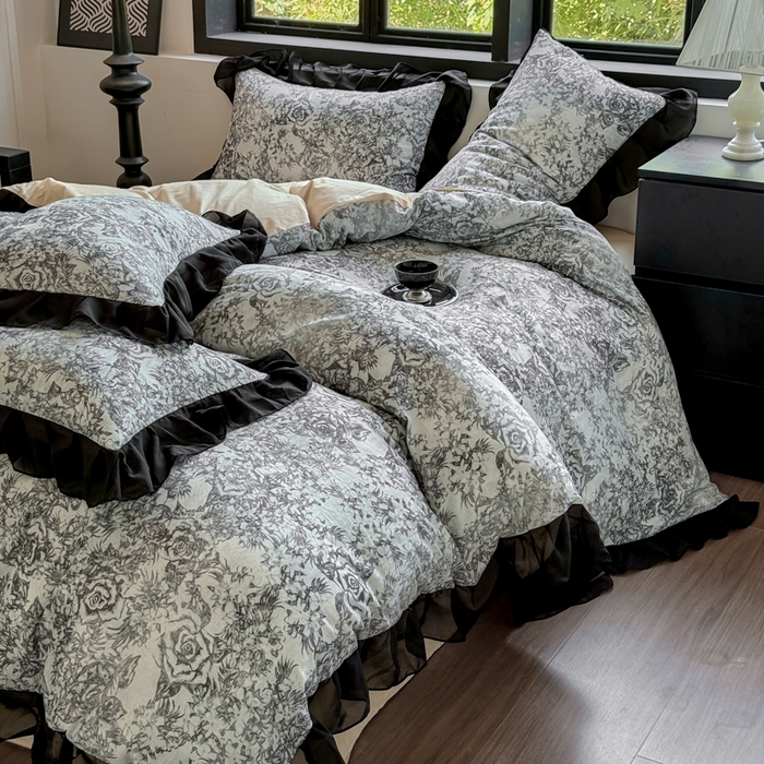 91家纺网 家纺一手货源 找家纺 宅家居 2025新款A类轻法式复古赫本风全棉纯棉有氧双层纱花边四件套黑色韩式花边三件套 莫奈