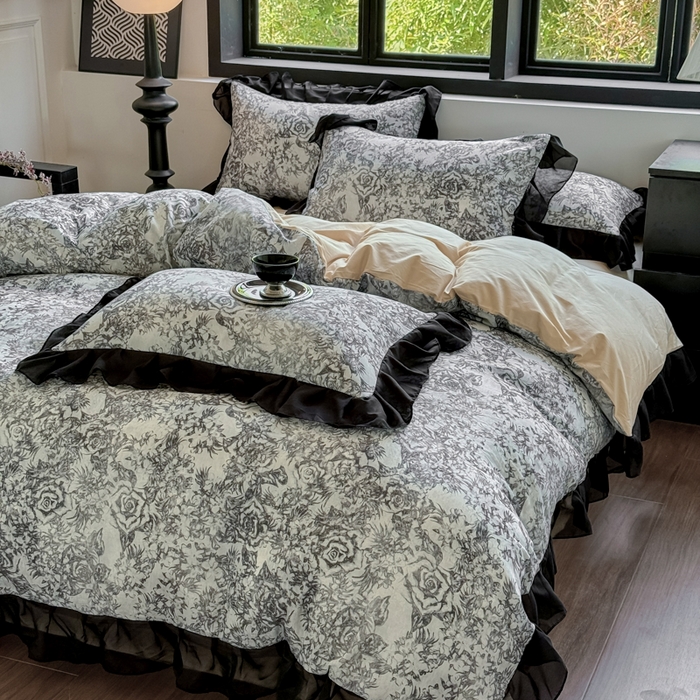 91家纺网 家纺一手货源 找家纺 宅家居 2025新款A类轻法式复古赫本风全棉纯棉有氧双层纱花边四件套黑色韩式花边三件套 莫奈