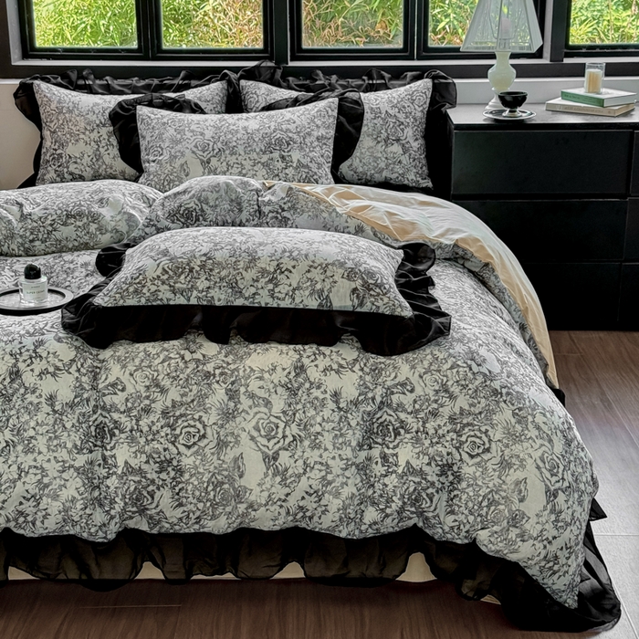 91家纺网 家纺一手货源 找家纺 宅家居 2025新款A类轻法式复古赫本风全棉纯棉有氧双层纱花边四件套黑色韩式花边三件套 莫奈