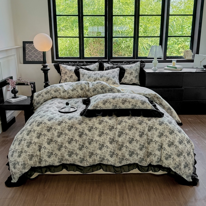 91家纺网 家纺一手货源 找家纺 宅家居 2025新款A类轻法式复古赫本风全棉纯棉有氧双层纱花边四件套黑色韩式花边三件套 柔岚