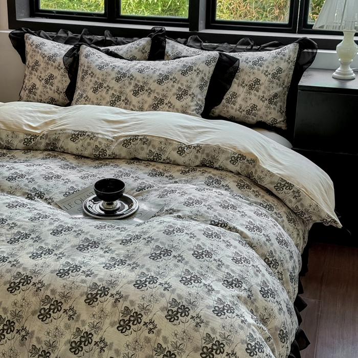 91家纺网 家纺一手货源 找家纺 宅家居 2025新款A类轻法式复古赫本风全棉纯棉有氧双层纱花边四件套黑色韩式花边三件套 柔岚