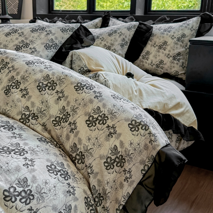 91家纺网 家纺一手货源 找家纺 宅家居 2025新款A类轻法式复古赫本风全棉纯棉有氧双层纱花边四件套黑色韩式花边三件套 柔岚