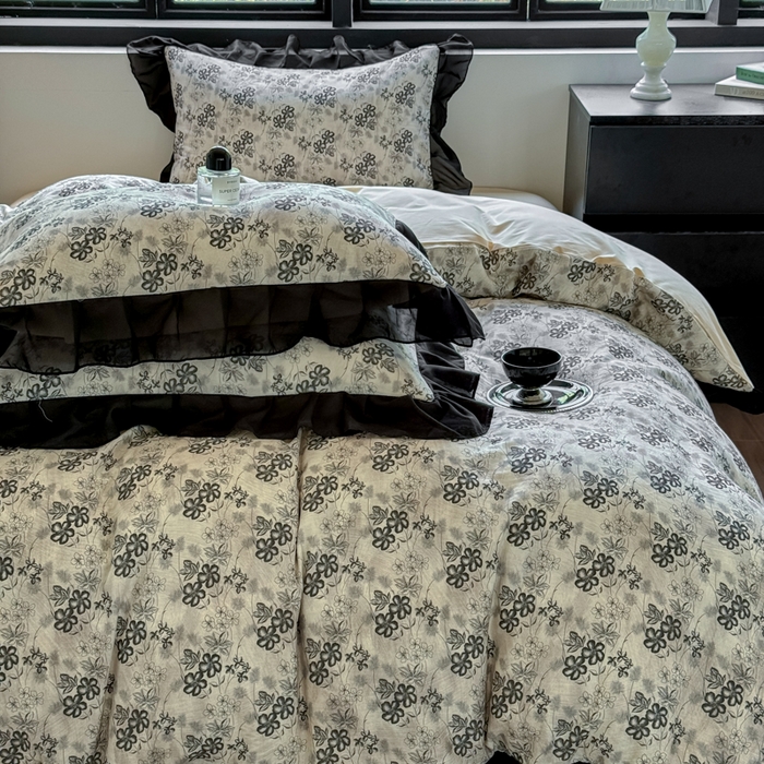 91家纺网 家纺一手货源 找家纺 宅家居 2025新款A类轻法式复古赫本风全棉纯棉有氧双层纱花边四件套黑色韩式花边三件套 柔岚