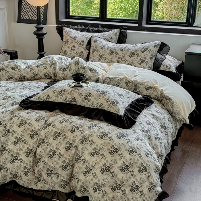 91家纺网 家纺一手货源 找家纺 宅家居 2025新款A类轻法式复古赫本风全棉纯棉有氧双层纱花边四件套黑色韩式花边三件套 柔岚