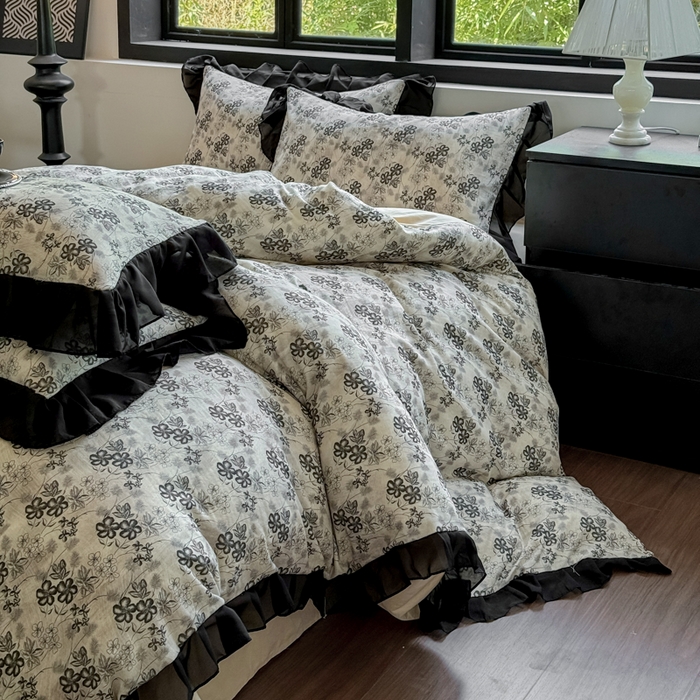 91家纺网 家纺一手货源 找家纺 宅家居 2025新款A类轻法式复古赫本风全棉纯棉有氧双层纱花边四件套黑色韩式花边三件套 柔岚