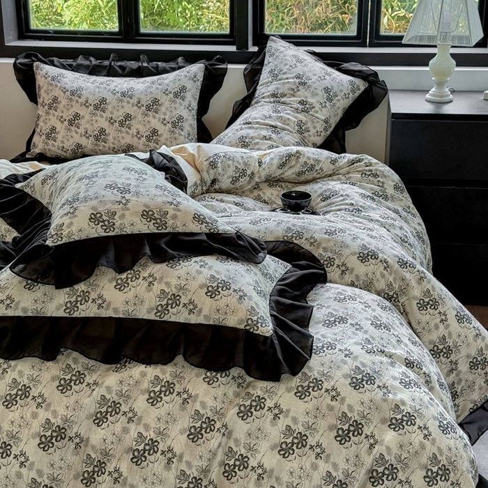 91家纺网 家纺一手货源 找家纺 宅家居 2025新款A类轻法式复古赫本风全棉纯棉有氧双层纱花边四件套黑色韩式花边三件套 柔岚