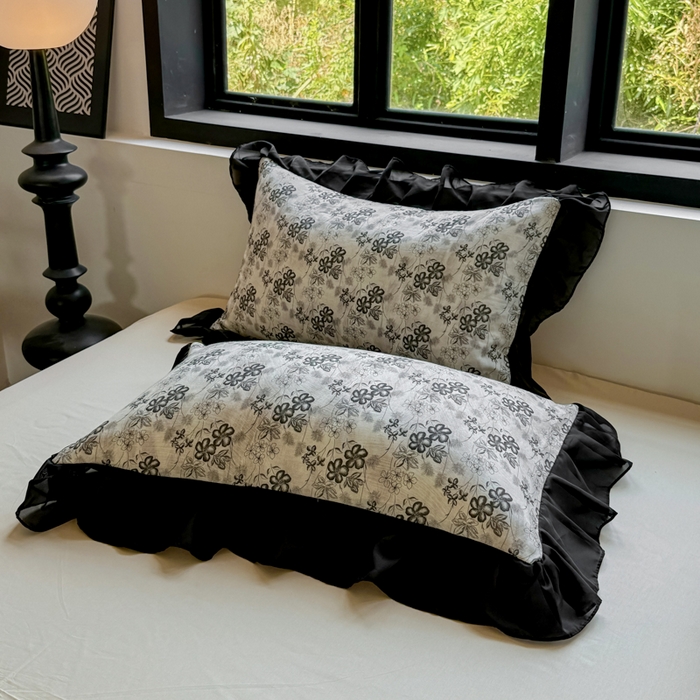 91家纺网 家纺一手货源 找家纺 宅家居 2025新款A类轻法式复古赫本风全棉纯棉有氧双层纱花边四件套黑色韩式花边三件套 柔岚