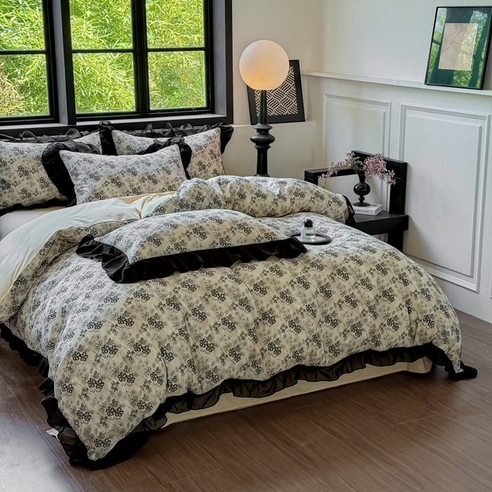 91家纺网 家纺一手货源 找家纺 宅家居 2025新款A类轻法式复古赫本风全棉纯棉有氧双层纱花边四件套黑色韩式花边三件套 柔岚