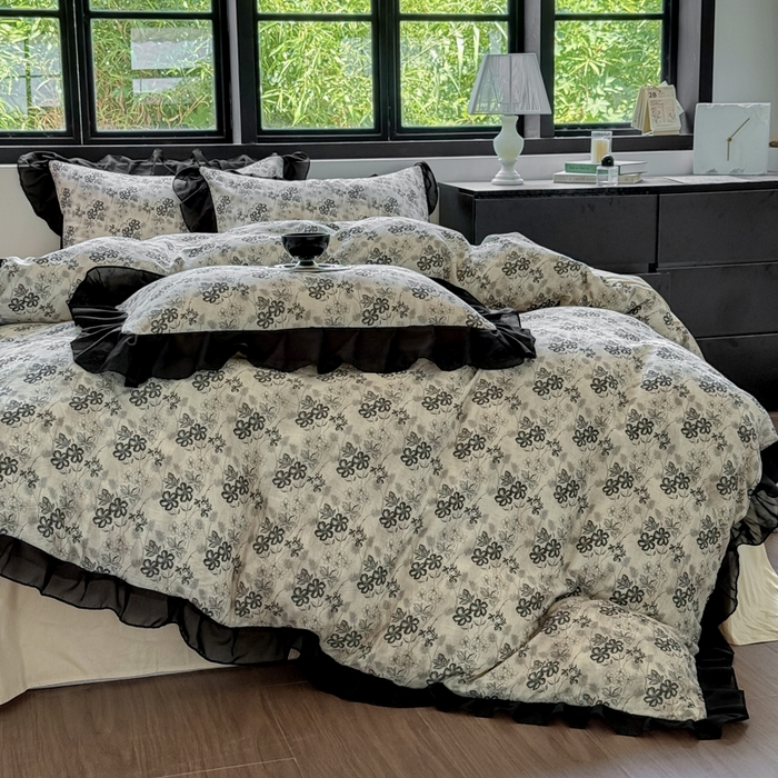 91家纺网 家纺一手货源 找家纺 宅家居 2025新款A类轻法式复古赫本风全棉纯棉有氧双层纱花边四件套黑色韩式花边三件套 柔岚