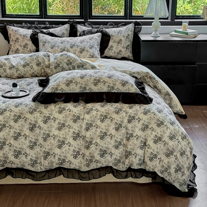 91家纺网 家纺一手货源 找家纺 宅家居 2025新款A类轻法式复古赫本风全棉纯棉有氧双层纱花边四件套黑色韩式花边三件套 柔岚