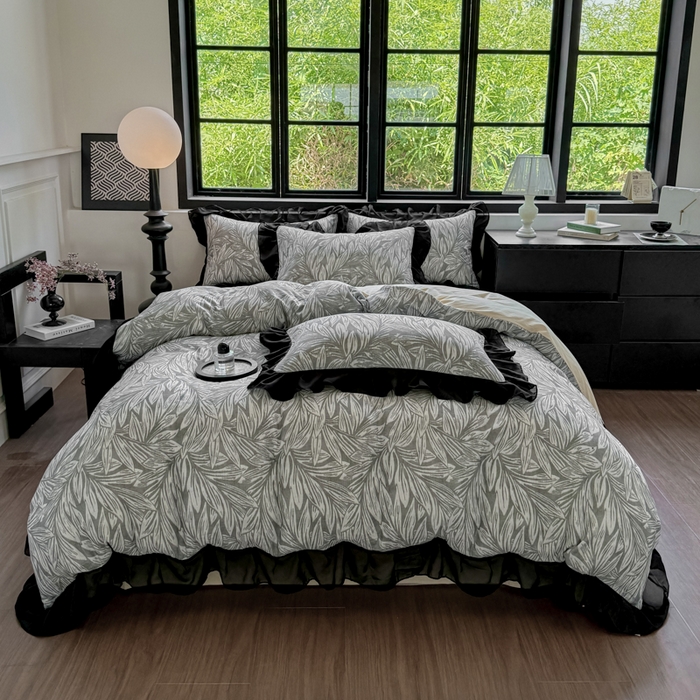 91家纺网 家纺一手货源 找家纺 宅家居 2025新款A类轻法式复古赫本风全棉纯棉有氧双层纱花边四件套黑色韩式花边三件套 野迈