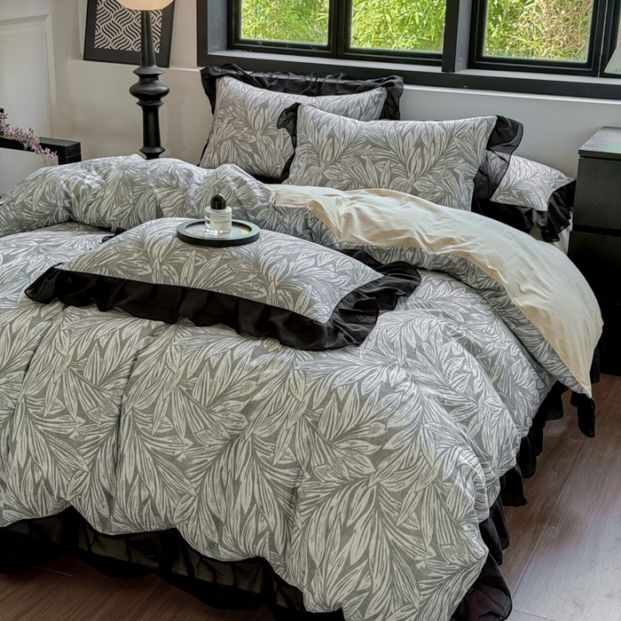 91家纺网 家纺一手货源 找家纺 宅家居 2025新款A类轻法式复古赫本风全棉纯棉有氧双层纱花边四件套黑色韩式花边三件套 野迈