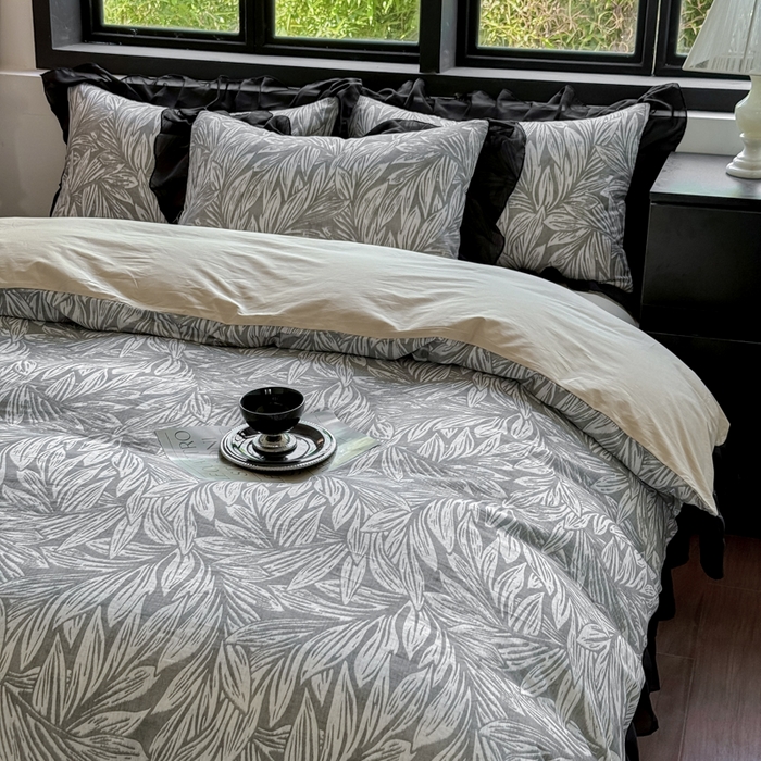 91家纺网 家纺一手货源 找家纺 宅家居 2025新款A类轻法式复古赫本风全棉纯棉有氧双层纱花边四件套黑色韩式花边三件套 野迈