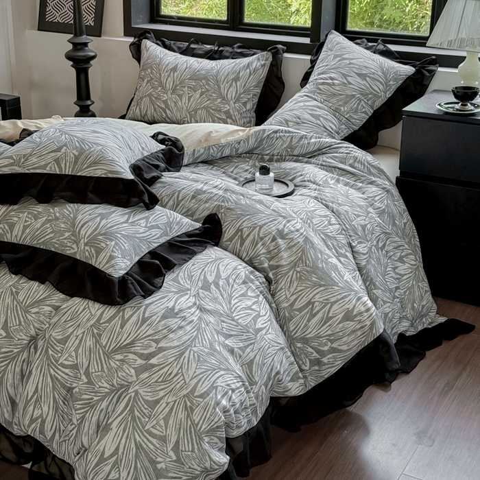 91家纺网 家纺一手货源 找家纺 宅家居 2025新款A类轻法式复古赫本风全棉纯棉有氧双层纱花边四件套黑色韩式花边三件套 野迈