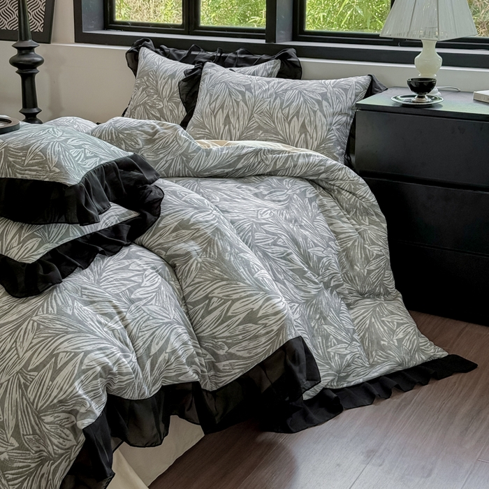 91家纺网 家纺一手货源 找家纺 宅家居 2025新款A类轻法式复古赫本风全棉纯棉有氧双层纱花边四件套黑色韩式花边三件套 野迈