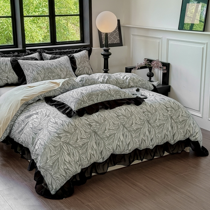 91家纺网 家纺一手货源 找家纺 宅家居 2025新款A类轻法式复古赫本风全棉纯棉有氧双层纱花边四件套黑色韩式花边三件套 野迈