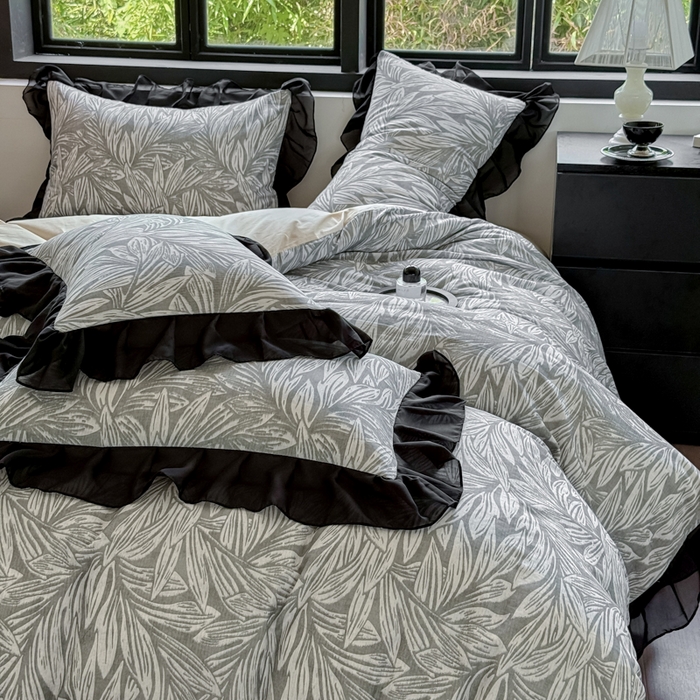 91家纺网 家纺一手货源 找家纺 宅家居 2025新款A类轻法式复古赫本风全棉纯棉有氧双层纱花边四件套黑色韩式花边三件套 野迈