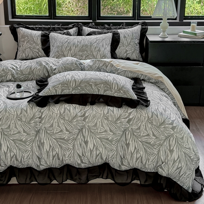 91家纺网 家纺一手货源 找家纺 宅家居 2025新款A类轻法式复古赫本风全棉纯棉有氧双层纱花边四件套黑色韩式花边三件套 野迈