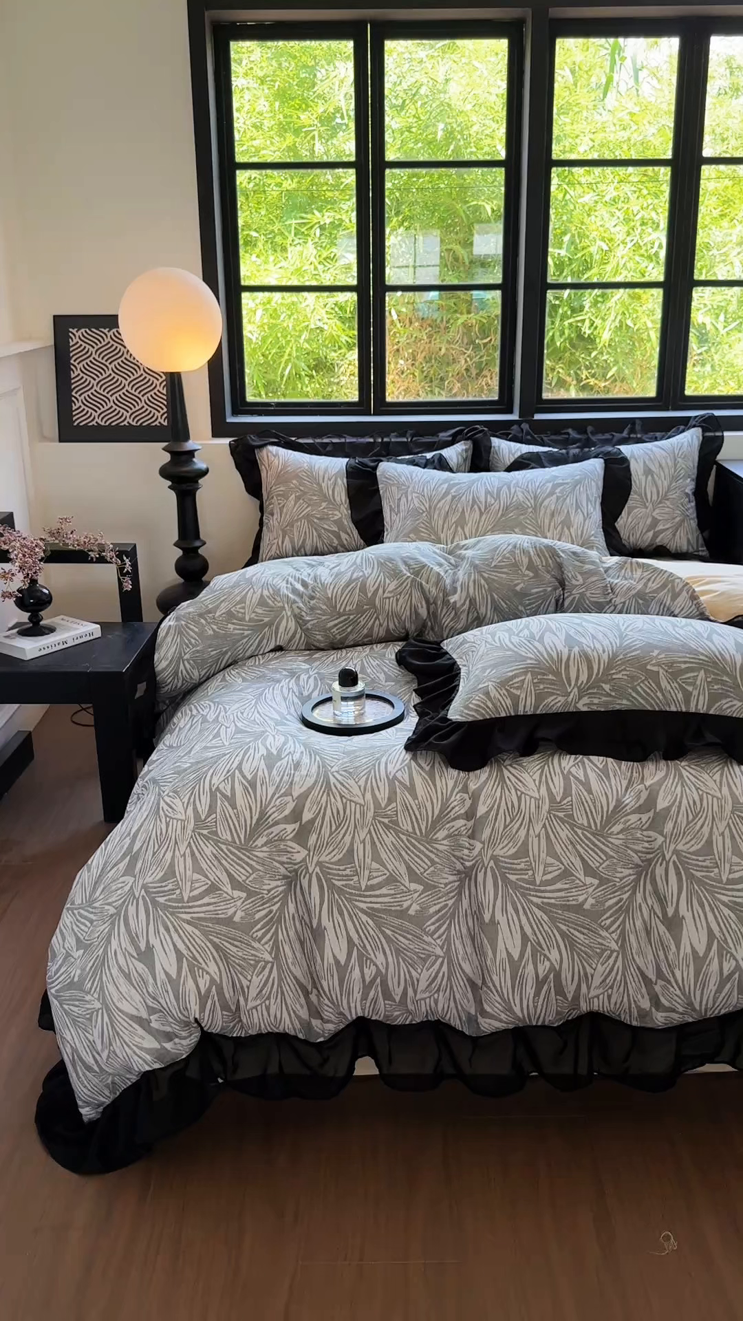 91家纺网 家纺一手货源 找家纺 宅家居 2025新款A类轻法式复古赫本风全棉纯棉有氧双层纱花边四件套黑色韩式花边三件套 野迈