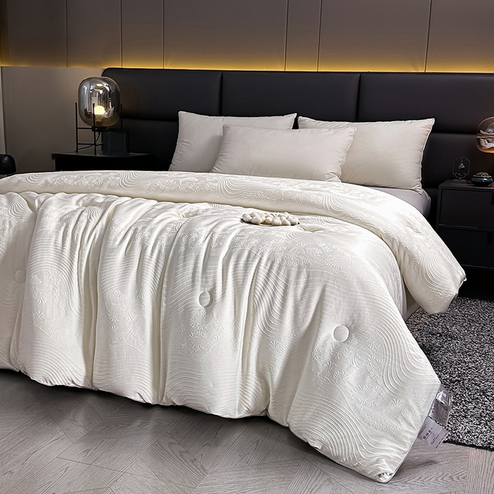 91家纺网 家纺一手货源 找家纺 兴邦家纺 2026新款全棉提花蚕丝被加厚冬被春秋被蚕蛹蛋白被外贸跨境被子被芯直播爆款 浮雕款-花影-米白