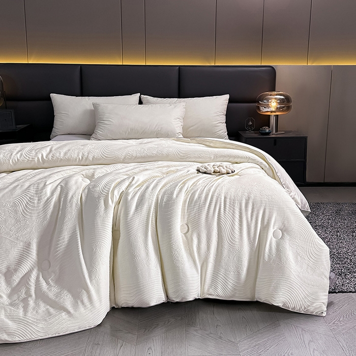 91家纺网 家纺一手货源 找家纺 兴邦家纺 2026新款全棉提花蚕丝被加厚冬被春秋被蚕蛹蛋白被外贸跨境被子被芯直播爆款 浮雕款-花影-米白