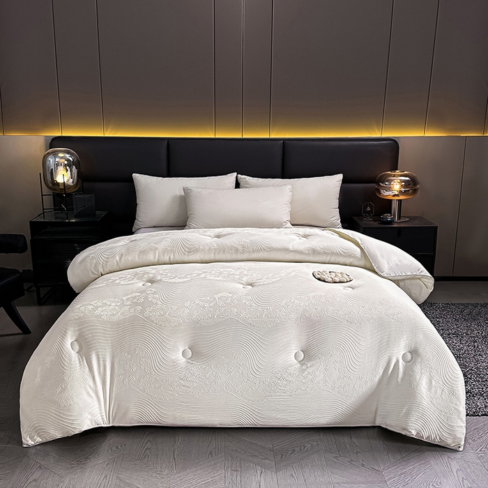 91家纺网 家纺一手货源 找家纺 兴邦家纺 2026新款全棉提花蚕丝被加厚冬被春秋被蚕蛹蛋白被外贸跨境被子被芯直播爆款 浮雕款-花影-米白