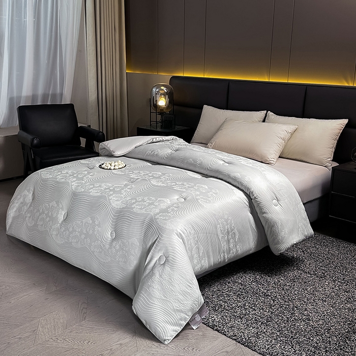 91家纺网 家纺一手货源 找家纺 兴邦家纺 2026新款全棉提花蚕丝被加厚冬被春秋被蚕蛹蛋白被外贸跨境被子被芯直播爆款 浮雕款-花影-灰