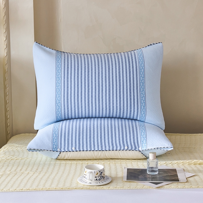 悦然毛巾被 2025新款全棉纯棉纱布多功能枕巾枕套带扣子 晴空条纹蓝