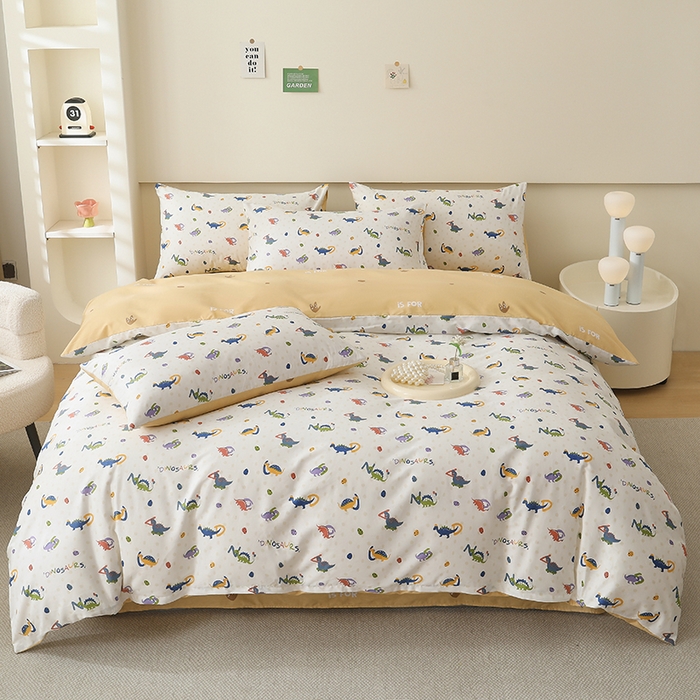 2025直播新款13372全棉纯棉印花四件套喷气小清新简约热款学生四件套 彩色恐龙