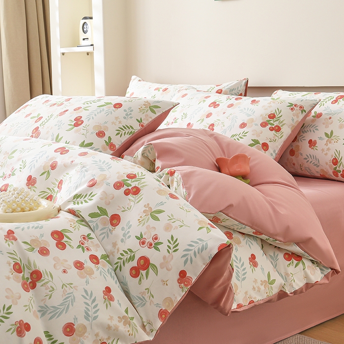 91家纺网 家纺一手货源 找家纺 2025直播新款13372全棉纯棉印花四件套喷气小清新简约热款学生四件套 繁櫻似梦