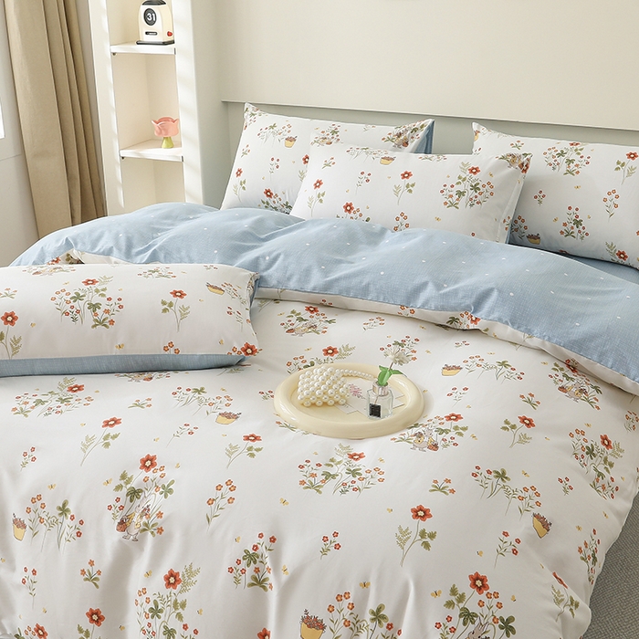 91家纺网 家纺一手货源 找家纺 2025直播新款13372全棉纯棉印花四件套喷气小清新简约热款学生四件套 花间小趣_红