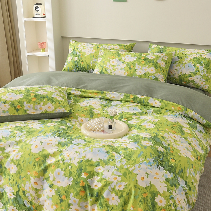 91家纺网 家纺一手货源 找家纺 2025直播新款13372全棉纯棉印花四件套喷气小清新简约热款学生四件套 柔晨