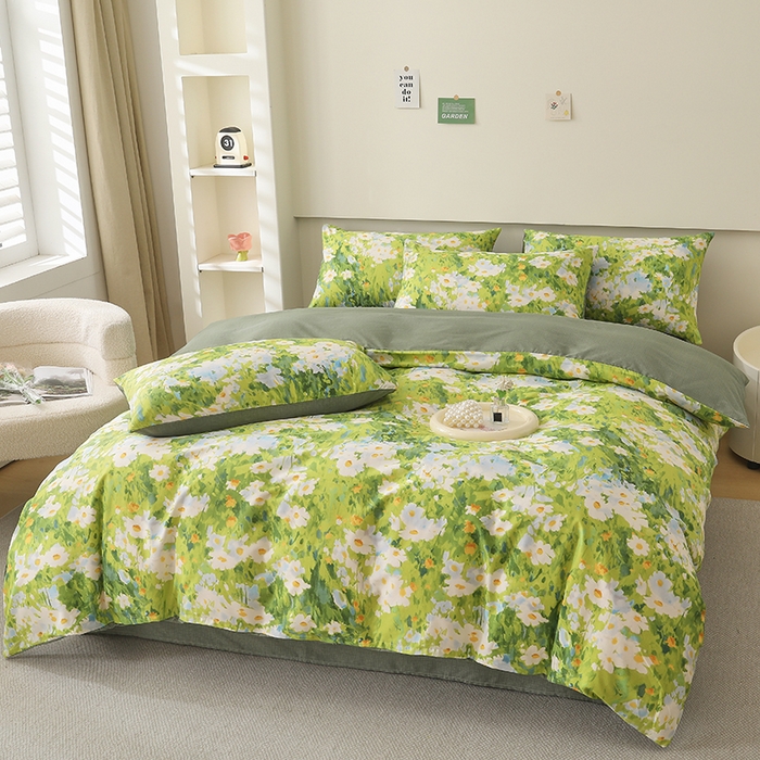 91家纺网 家纺一手货源 找家纺 2025直播新款13372全棉纯棉印花四件套喷气小清新简约热款学生四件套 柔晨