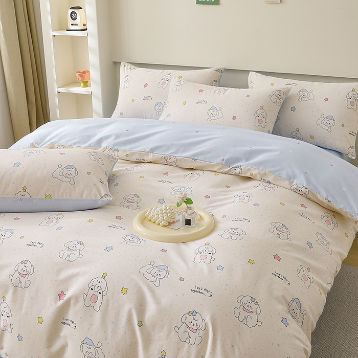 91家纺网 家纺一手货源 找家纺 2025直播新款13372全棉纯棉印花四件套喷气小清新简约热款学生四件套 小诗朵朵