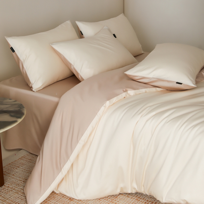 91家纺网 家纺一手货源 找家纺 云栖家居 2025新款全棉纯棉纯色双拼色长绒棉纯棉四件套--极简 米粒碎&极简米