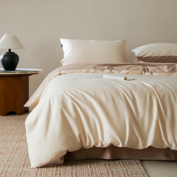 91家纺网 家纺一手货源 找家纺 云栖家居 2025新款全棉纯棉纯色双拼色长绒棉纯棉四件套--极简 米粒碎&极简米