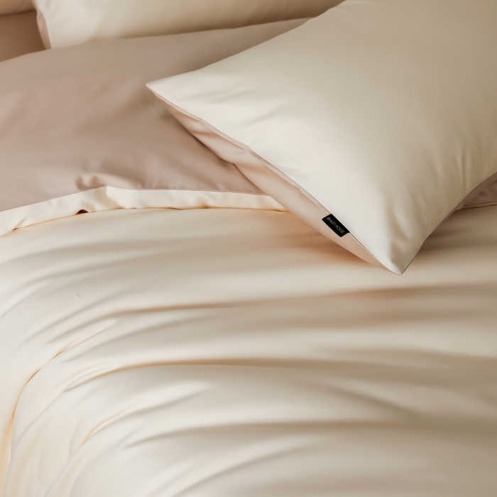 91家纺网 家纺一手货源 找家纺 云栖家居 2025新款全棉纯棉纯色双拼色长绒棉纯棉四件套--极简 米粒碎&极简米