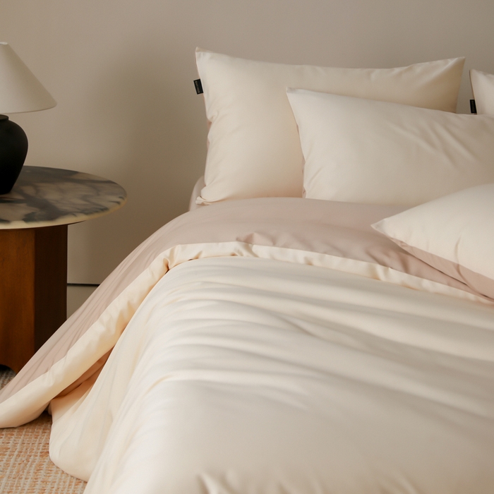 91家纺网 家纺一手货源 找家纺 云栖家居 2025新款全棉纯棉纯色双拼色长绒棉纯棉四件套--极简 米粒碎&极简米