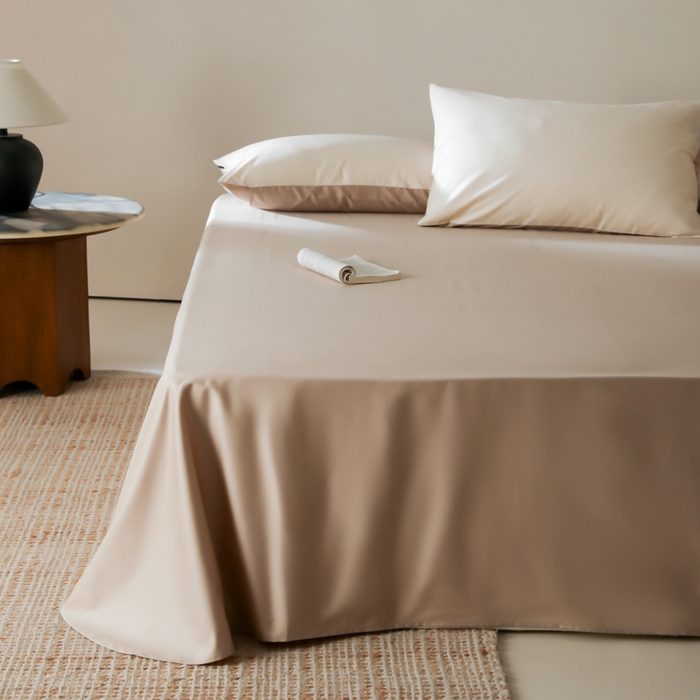 91家纺网 家纺一手货源 找家纺 云栖家居 2025新款全棉纯棉纯色双拼色长绒棉纯棉四件套--极简 米粒碎&极简米