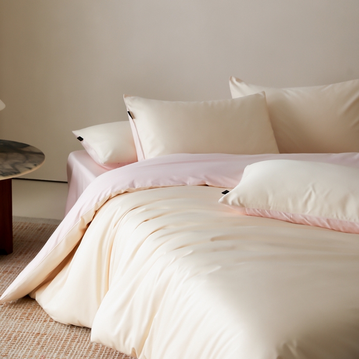 91家纺网 家纺一手货源 找家纺 云栖家居 2025新款全棉纯棉纯色双拼色长绒棉纯棉四件套--极简 米粒碎&玉兰粉